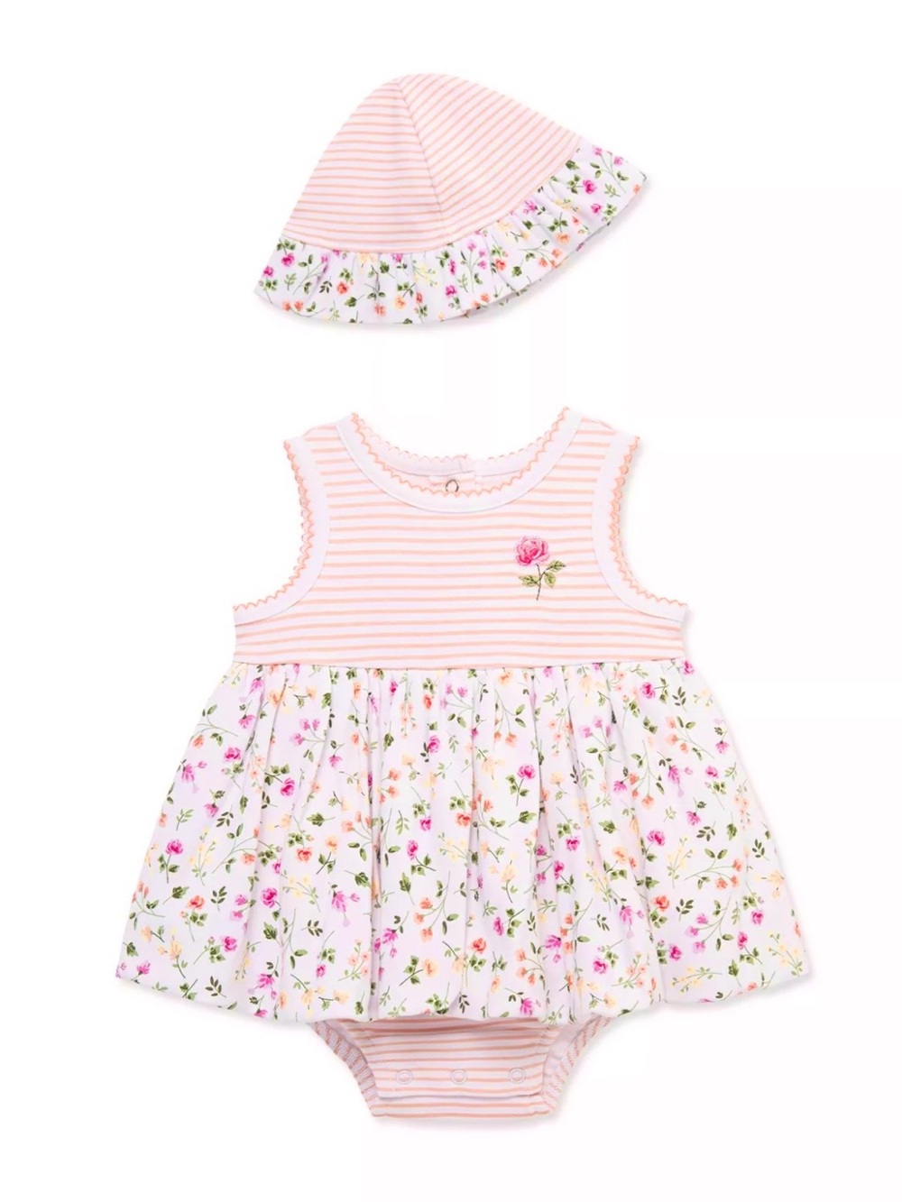 🆕- Little Me- Infant Girl Floral & Stripe Cotton Romper with Matching Hat. 6mo
